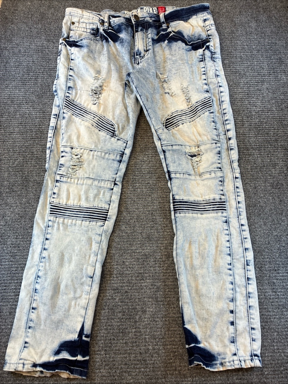 Black Pike Jeans Mens 34x32 Moto Biker Acid Wash Blue Stretch Ribbed Knee Denim